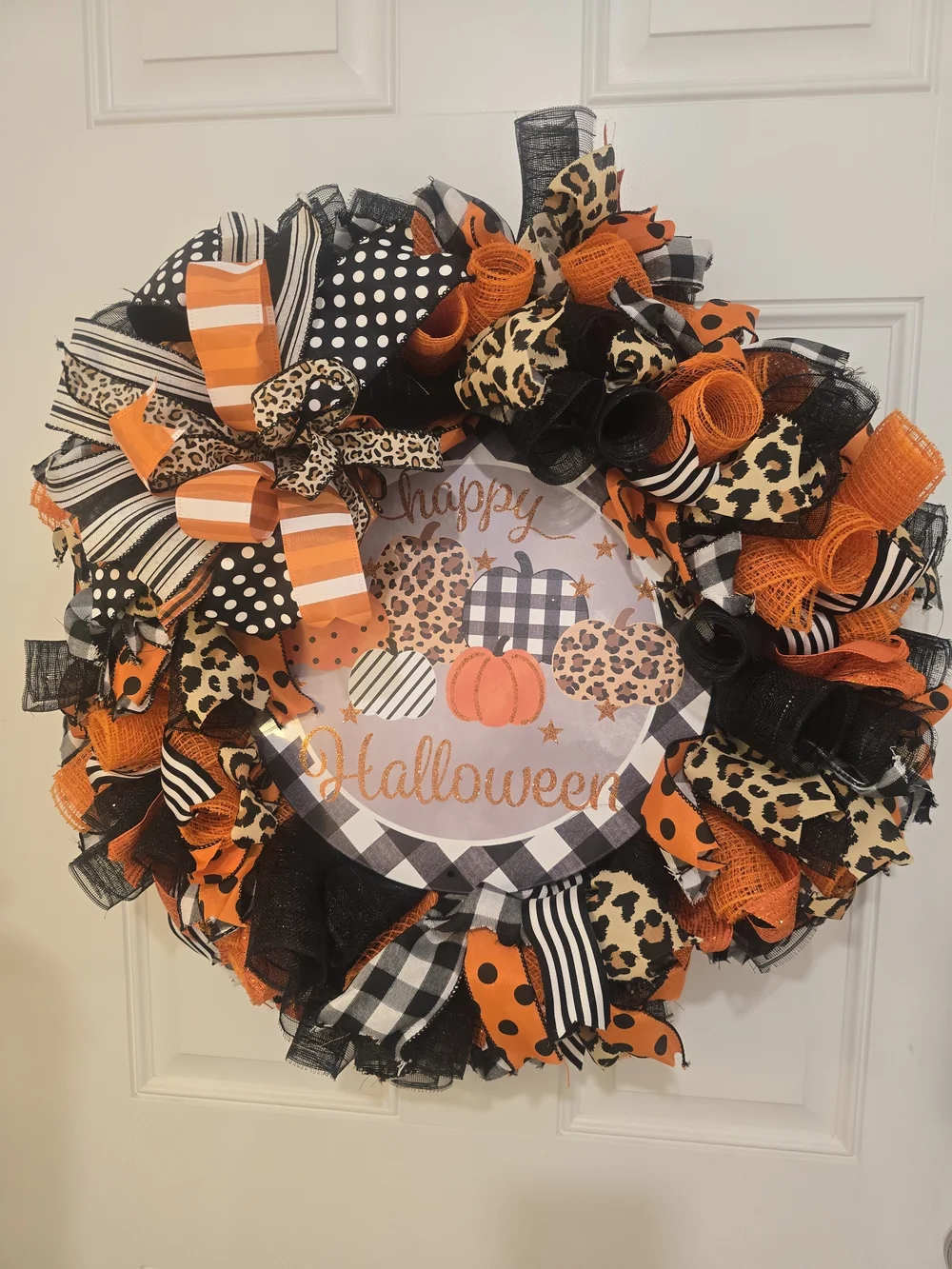 Halloween Pumpkin Wreath with Leopard and Plaid Accents
